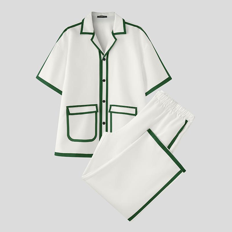 

INCERUN 2PCS Men Short Sleeve Striped Stitching Shirts and Long Pants Outfits Sets 5XL зелений