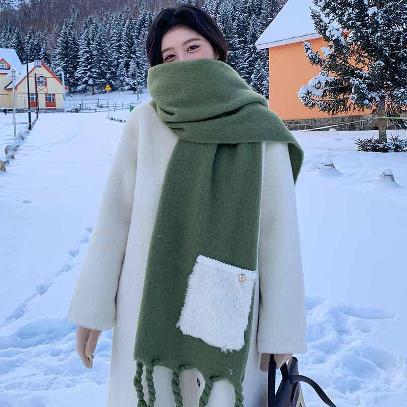 Korean Style Faux Cashmere Scarf with Pocket - Women's Winter High-End Design