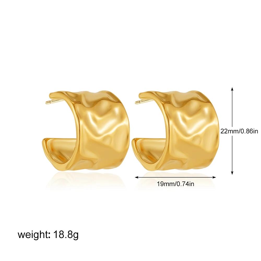 

Fashion Statement Stainless Steel Chunky Hoop Earrings for Women Gold Plated Texture Wide C-Shape Earring Retro Zircon Bijoux