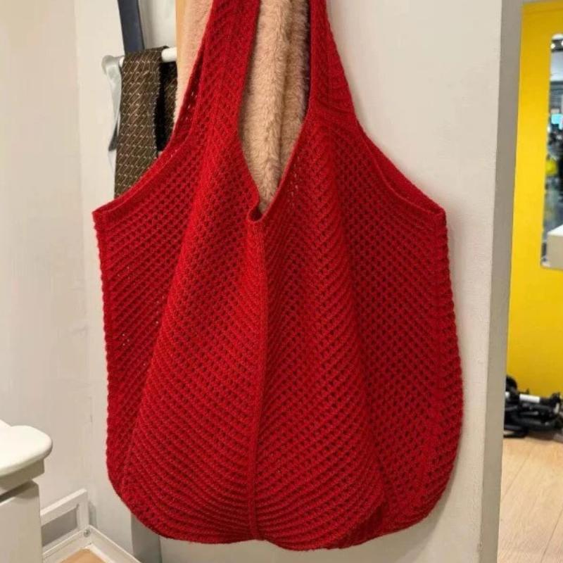 Women Crochet Tote Candy Bag Fashi Knitted Large Capacity Woven Shoulder Bags Solid Color Simple Shopping Bag for Summer Beach