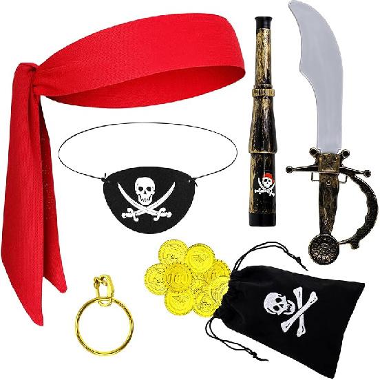 7 PCS Kids Captain Pirate Costume Accessories, Pirate Costume Outfit for Boys Girls for Halloween Role Play Cosplay Fashion