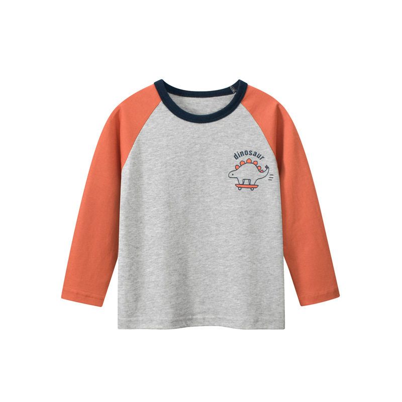 27Kids Children s Clothing Boys Dinosaur Long Sleeves T-shirt Spring and Autumn Children s Bottoming Shirt Clothes Baby 100% Cotton Coat 3266 Gray/Dark Orange 100