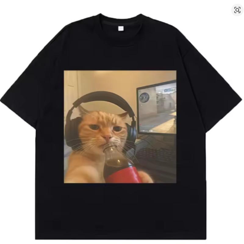 Funny Gamer Cat Meme Tshirts Unisex Women Fashion Oversized Tshirts Summer Shortsleeved Male Cotton Casual Harajuku Tshirts Tops