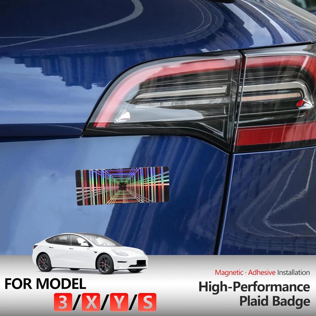 Magentic 3D Plaid Badge Decal Rear Trunk Magnet Performance Sticker Color-Shifting Decor Compatible with Tesla Model 3 Y X S