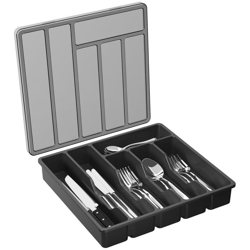 6-Grids Drawer Organiser with Lid, Plastic Small Cutlery Tray for Kitchen Drawer