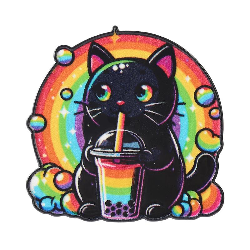 

Rainbow Cat Enamel Pin Letter Brooch Lapel Black Bubble Tea Pin Badge Sweet Style Cartoon Backpack Jewelry Gift For Girls
