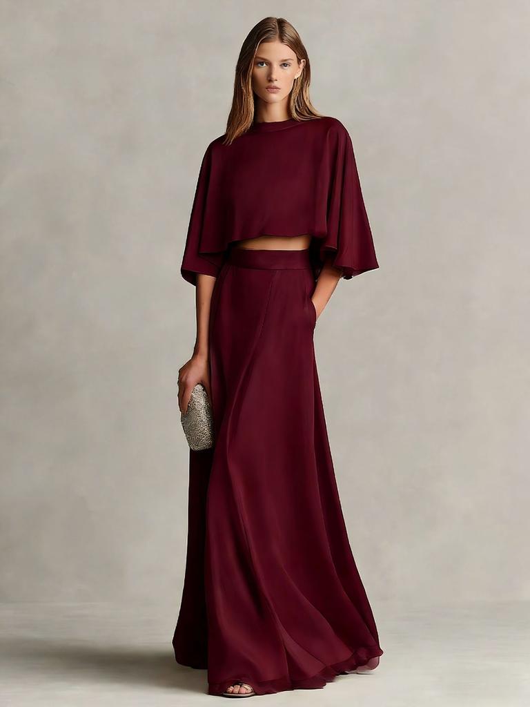 Spring/Autumn New Ladies Satin Shawl Sleeve Long Dress Set Eternal Luxury Elegant Style Outfit