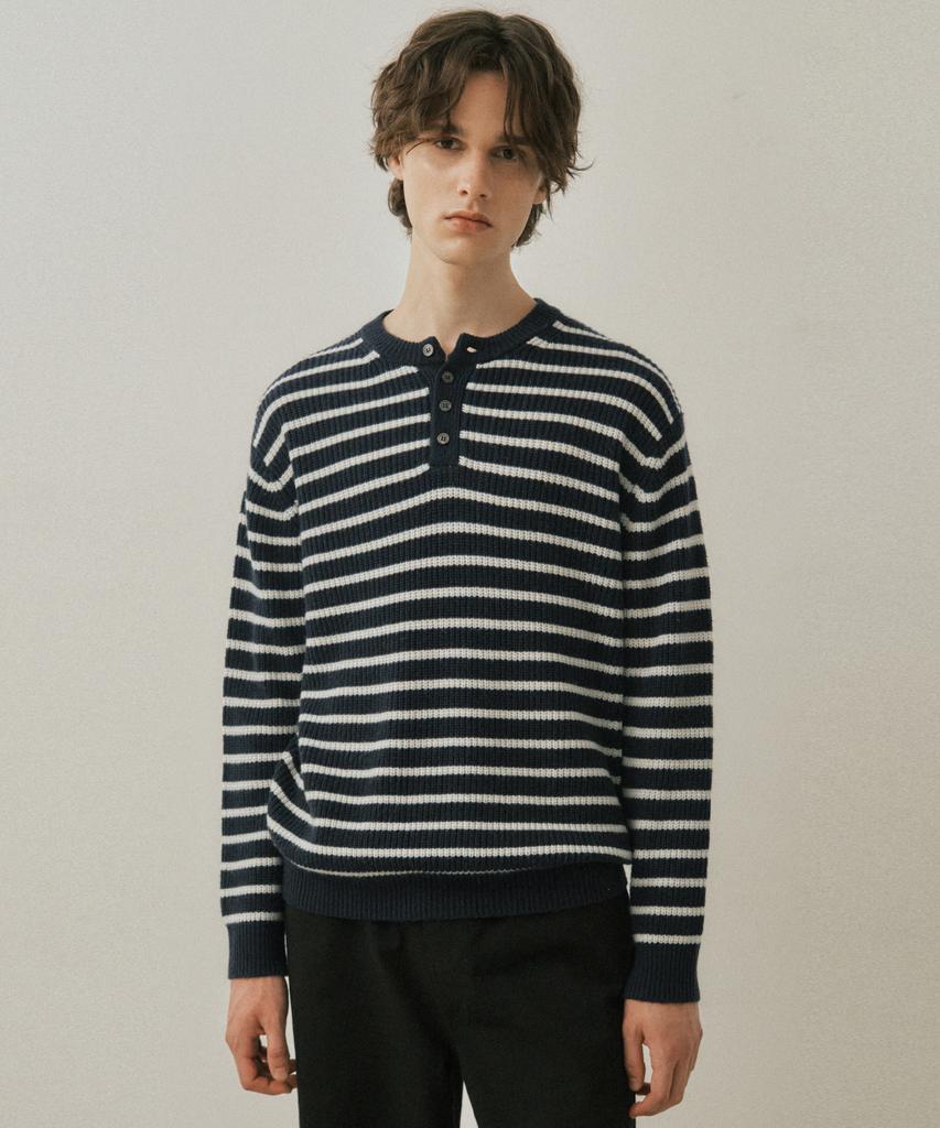 Wednesday Oasis Always Hairy Stripe Henley Neck Wool Knit 4 Colors (Wc25-Kn55)