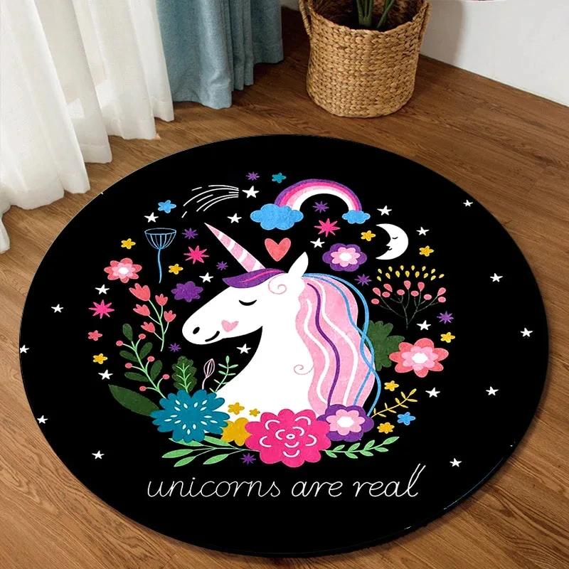 Cute Cartoon Unicorn Round Carpet Non-slip Rug for Office Living Room Bedroom Decor Soft Play Floor Mat Bathroom Kitchen Doormat