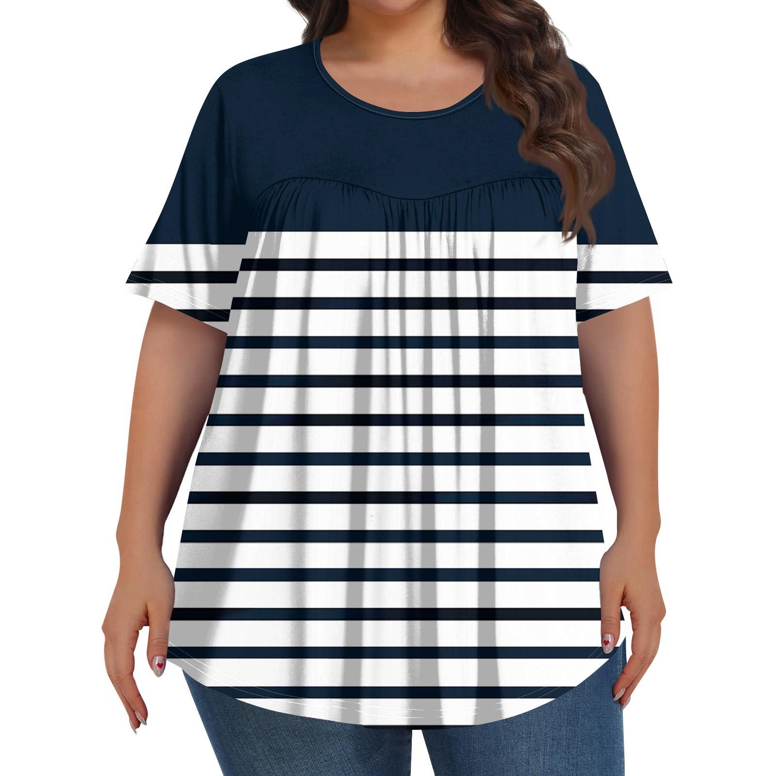 

Женская мода больших размеров, повседневный топ с короткими рукавами, геометрическим полосатым принтом, круглым вырезом спереди и складками XXXXXL тёмно-синий