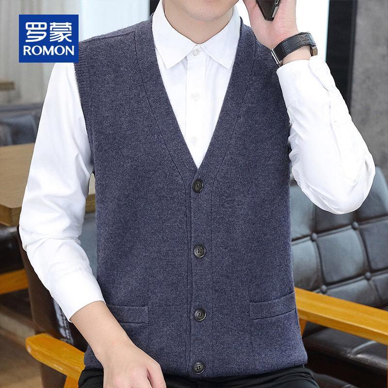ROMON Men's 100% Merino Wool V-Neck Cardigan Vest