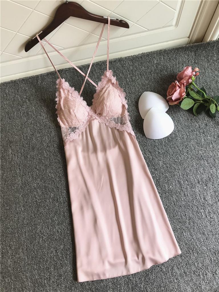 Sexy suspender pajamas women's ice silk thin style with chest pad lace beautiful back French small chest gathering suspender pajamas