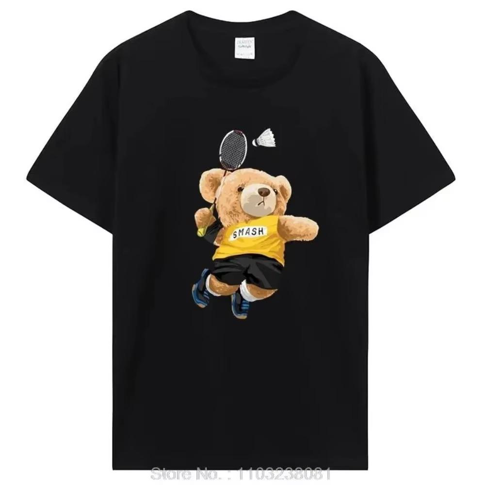 Teddy Bear Playing Badminton Tshirt Exercise Clothing Cotton Tops Graphics Kawaii Men Women Short Sleeve Printed T-Shirt