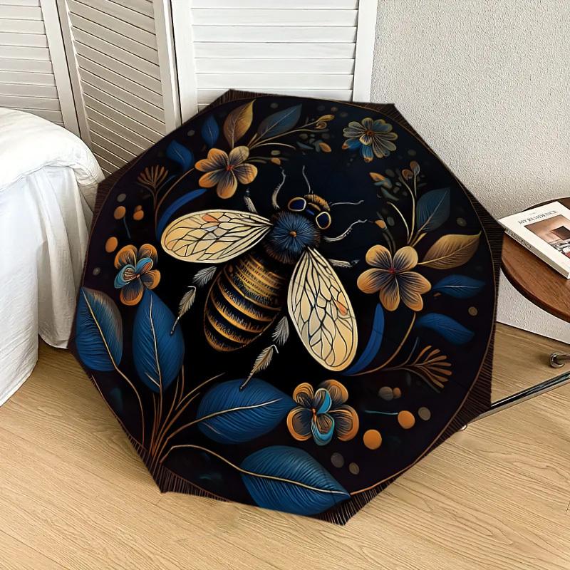 1pc Golden Bee Floral Mandala Umbrella with Plastic Handle,Suitable for All Seasons Home Travel Outdoor UmbrellaDD1306
