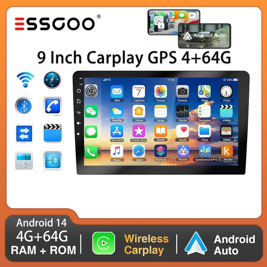 9Inch 2 DIN Car Stereo Radio Wirless Carplay Android Auto Car Stereo Bluetooth 64G GPS Navigation RDS WiFi USB FM DAB+CAM