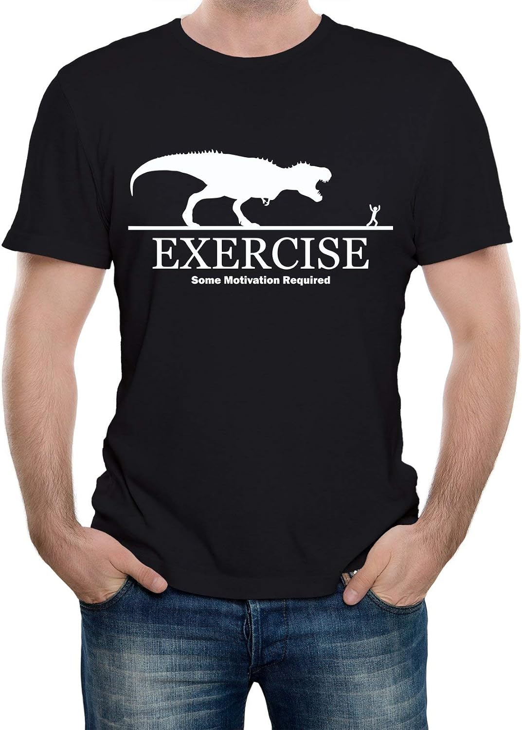 Exercise Some Motivation Required Funny Mens Novelty Dinosaur and T-Rex Running Slogan T-Shirt XL чёрный
