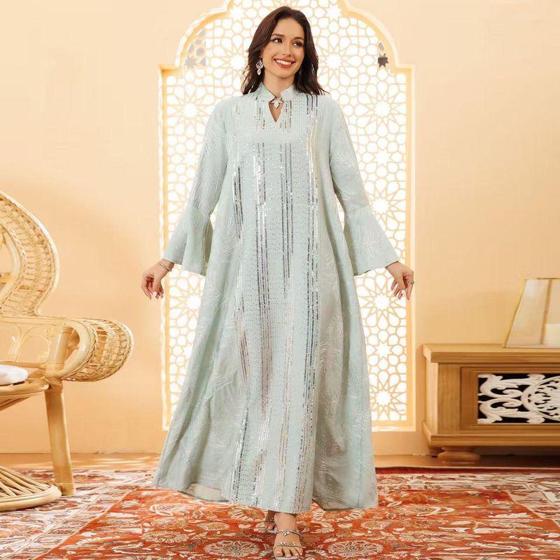 New Middle East Dubai Long sleeve V-neck Robe Sequins Dress Sequin Flared Sleeve Dress