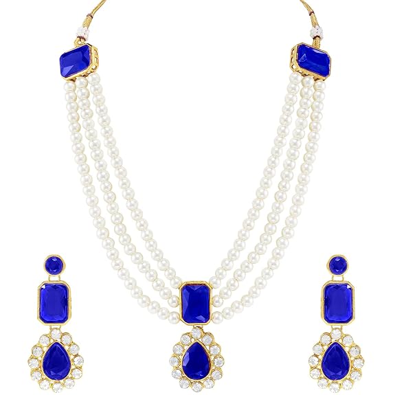 Gold Plated Kundan Long Necklace Earring Indian Traditional Jewellery Set for Women & Girls