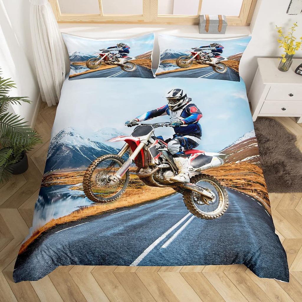 Extreme Sports Theme Colorful Graffiti Motorcycle Duvet Set Soft Bedding Set Three-Piece Set