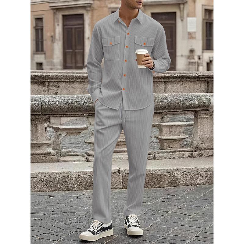 

Men s Brown Corduroy Long-Sleeve Shirt & Pants 2-Piece Casual Tracksuit Set S сірий колір