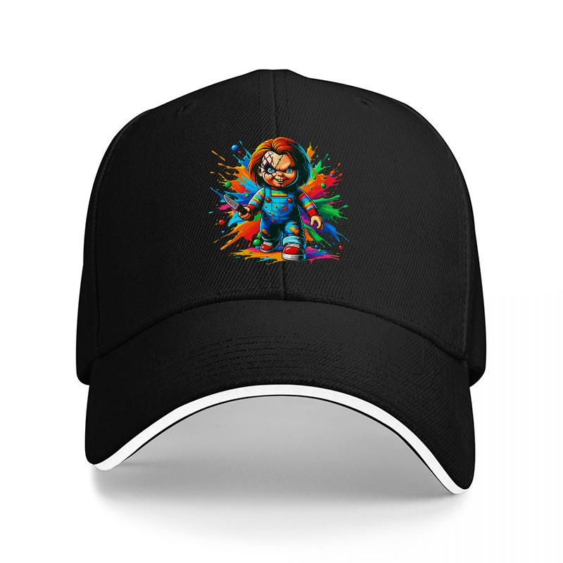 Chucky Horror Movie Character Baseball Cap Black Adjustable Hat with Colorful Splash Design for Fans of Classic Horror Films