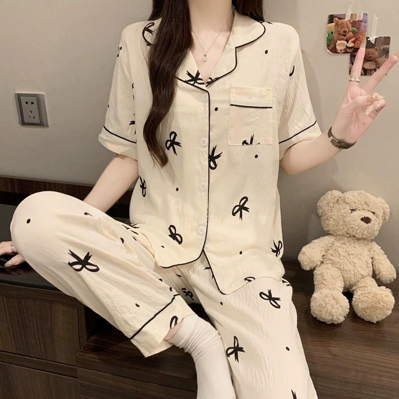 Short-sleeved Trousers, Summer Pajamas, Women's Cardigan, Casual Home Service 2-piece Suit