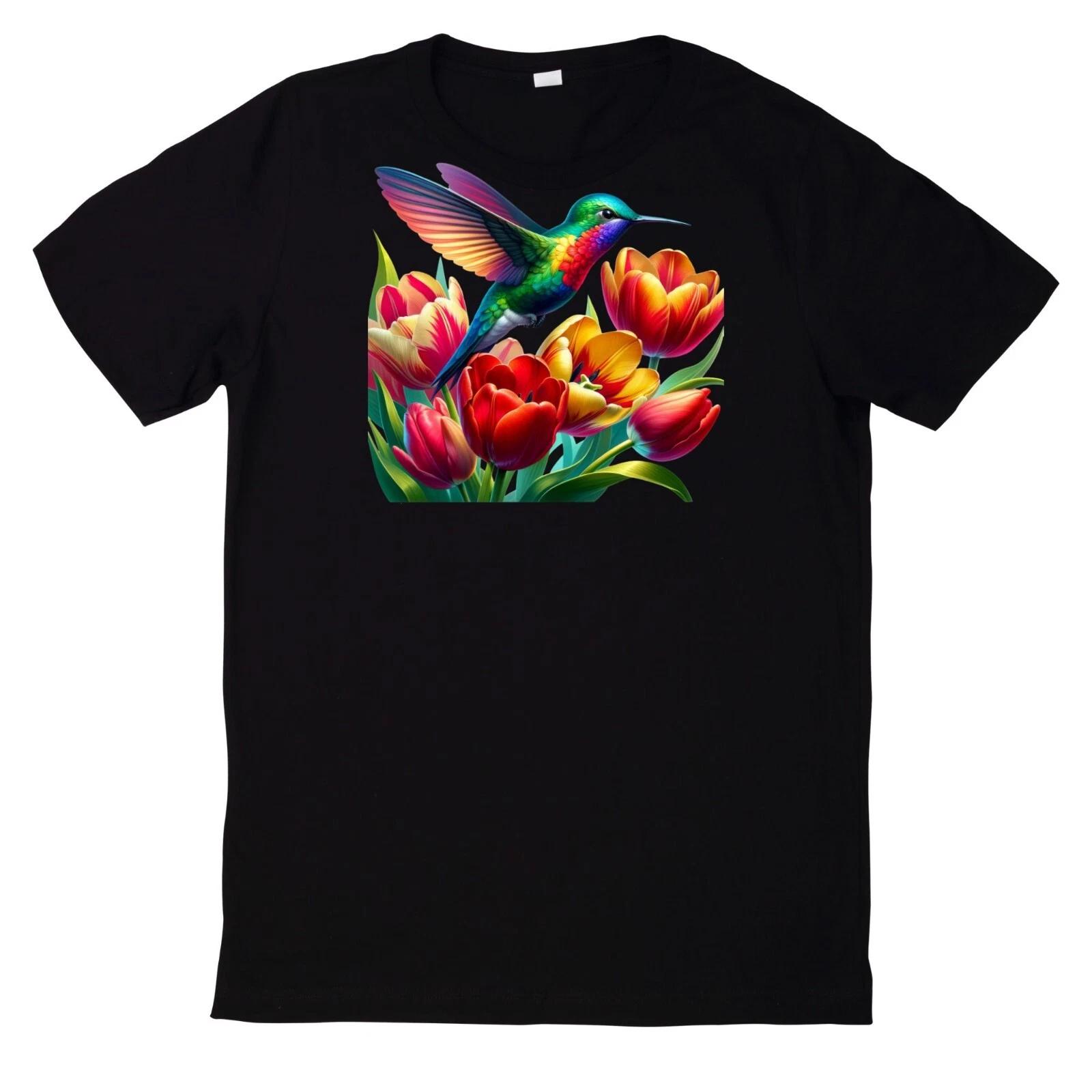 T-Shirt Buntes Kolibri mit Blumen Motiv L