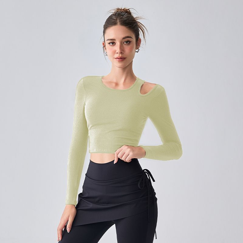 

Mitaogirl off-Shoulder Long Sleeve Yoga Wear Women s Chest Pad Skinny Slimming Pilates Fitness Sports Top Autumn Horseradish Green L
