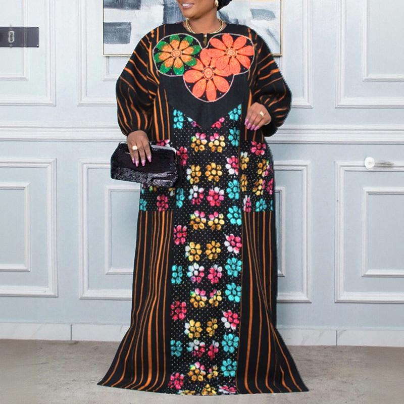 Oversized Women Casual Long Sleeve Floral Print Striped Loose Long Dress Kaftan Robes