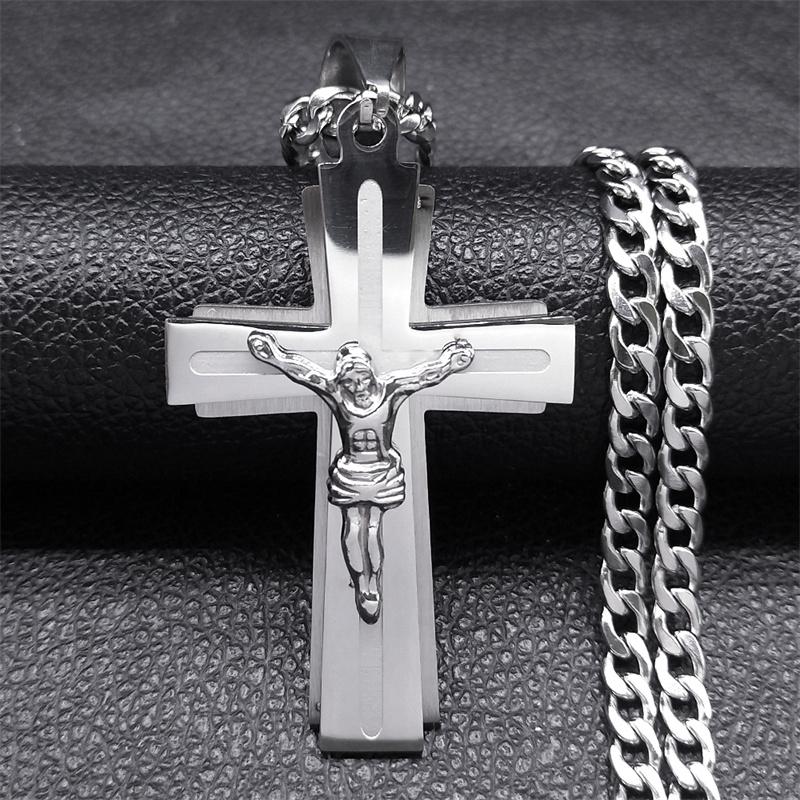 Collana con Croce di Gesù Acciaio Inossidabile Catena per Uomini Colore Argento Crocifisso Collane Religiose Gioielli Collare Cruz N2343S05