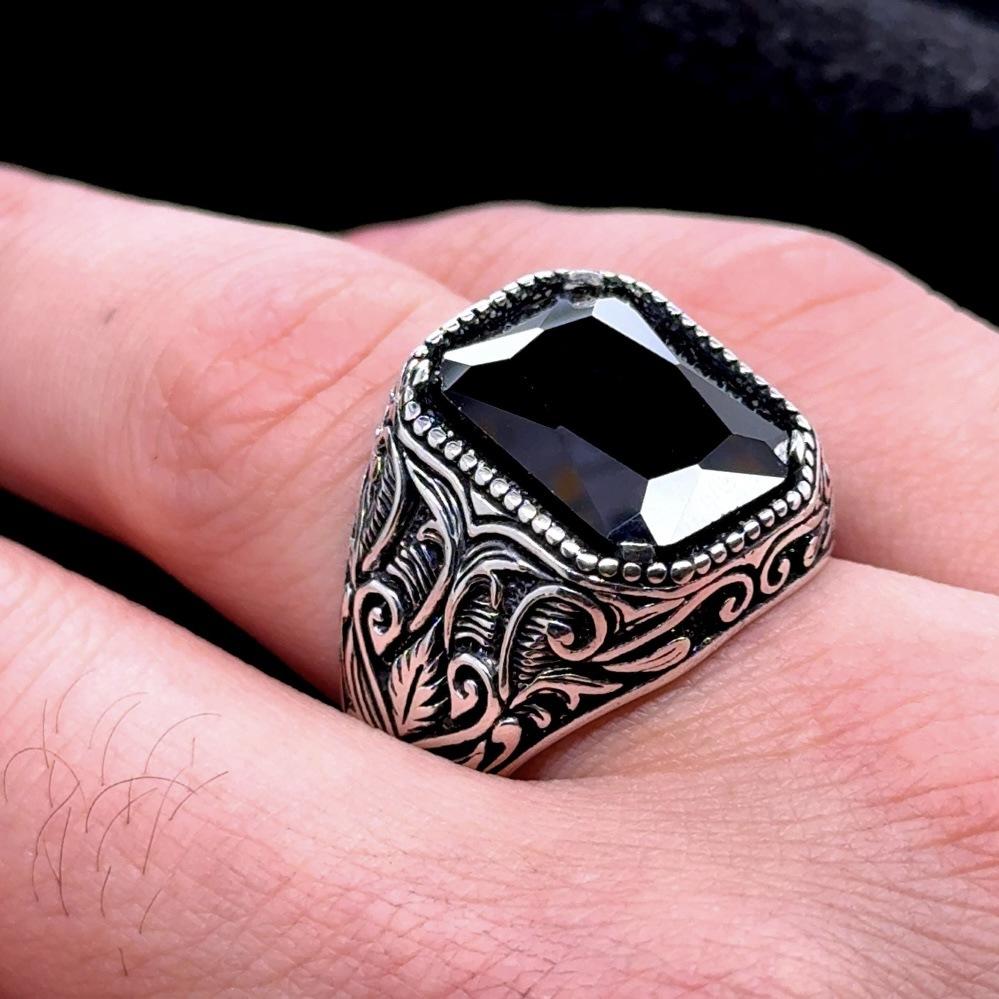 

Vintage Handmade Türkiye Badge Ring Unisex Ancient Silver Carved Ring Purple Green Black Zircon Inlaid Rock Bike Fan Style 9