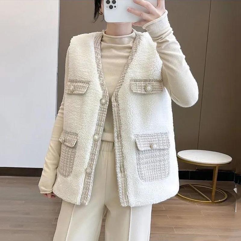 Temperament Dame Stil Lamm Plüsch Weste Herbst und Winter Neue Tweed Nähte Weste Weste Jacke Frauen
