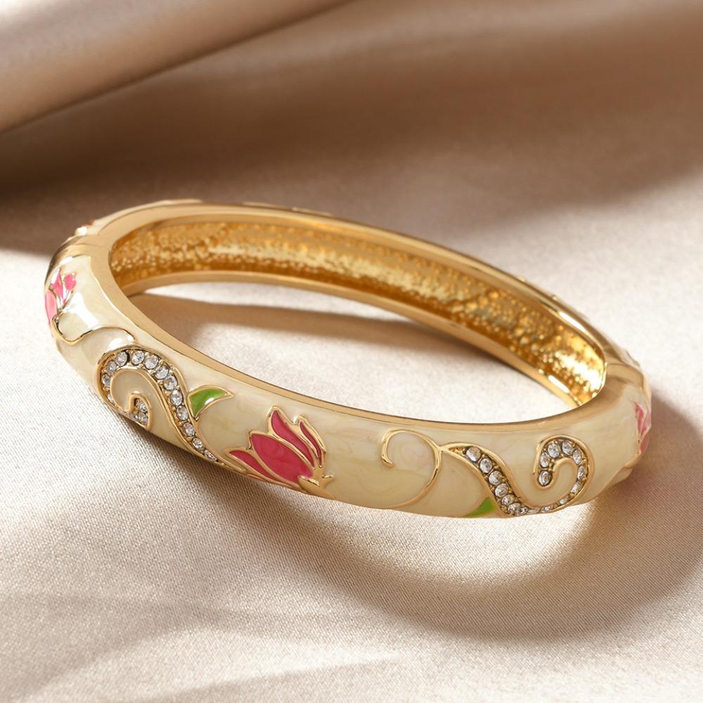 Traditional Lotus Flower Bangle Enamel Cheongsam Bracelet Chinese Cloisonne Bracelet  Jewelry Gifts