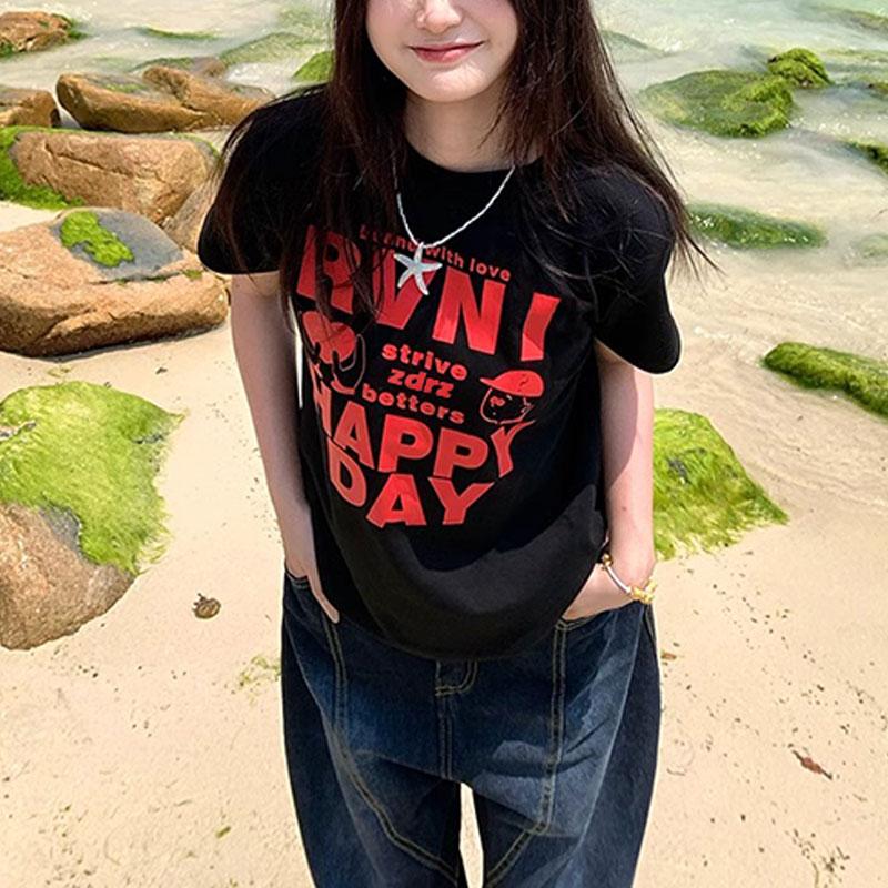 Summer Women s Retro Letter Print Tee Loose Fit Casual Happy Day S чёрный