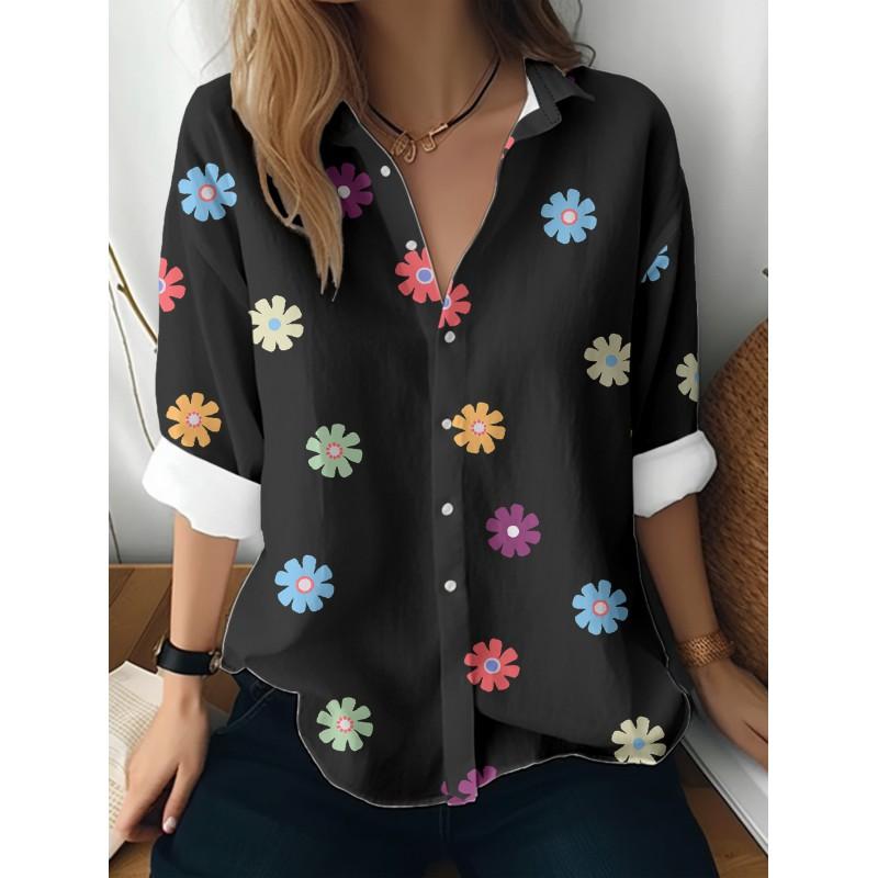 Womens Loose Fit Long Sleeve Cotton Linen Shirt With 3D Floral Print Casual Blouse 2025