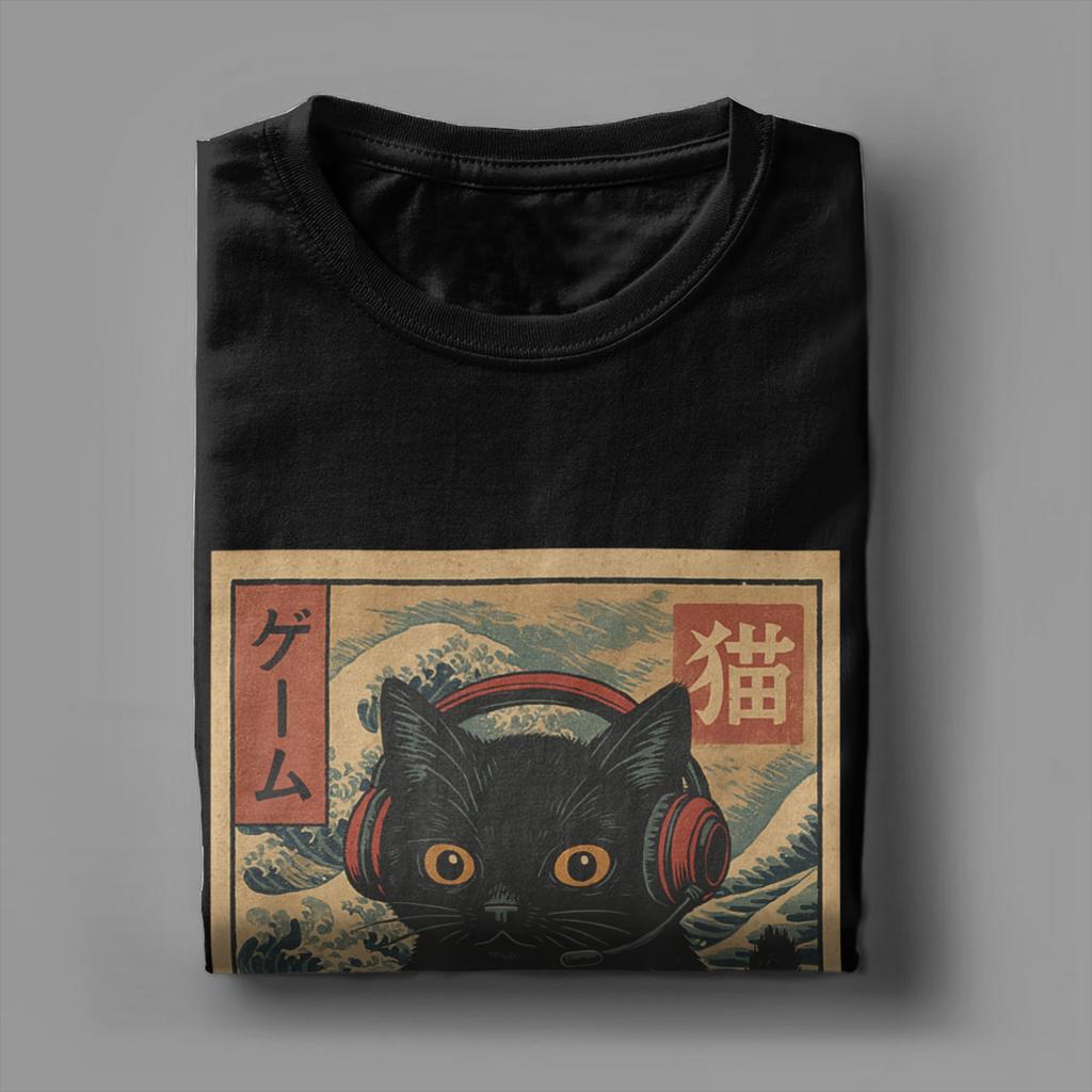 Niesamowite japońskie koszulki z kotem ramen dla mężczyzn z okrągłym dekoltem 100% bawełniane koszulki Kawaii kot z makaronem koszulki z krótkim rękawem oryginalne topy