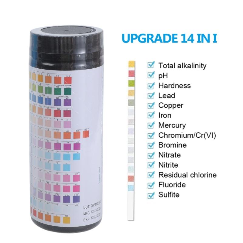 14 in 1 Drinking Water Test Strips PH Hardness Alkalinity Lead Copper Iron for Mercury Bromine Nitrite Test Easy to Use