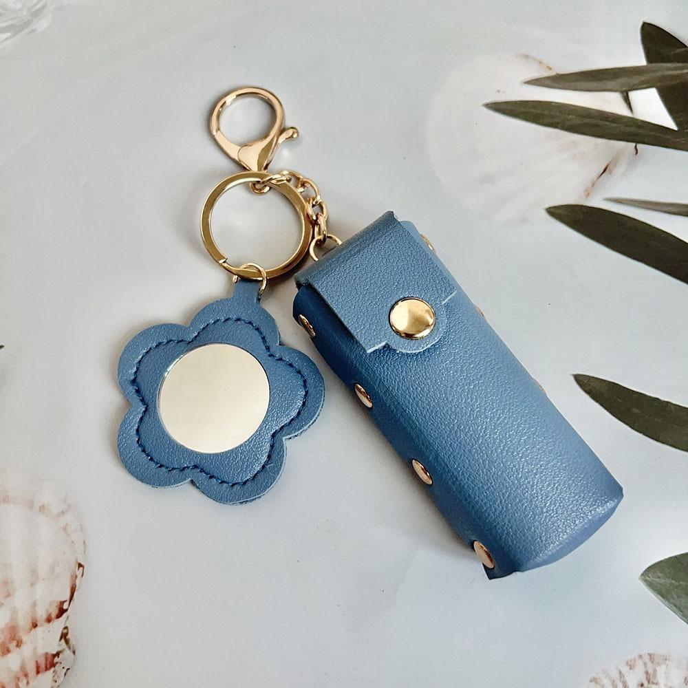 Portable Lipstick Bag Packet PU Leather Backpack Hangings New Flower Mirror Keychain  Keyring Gift