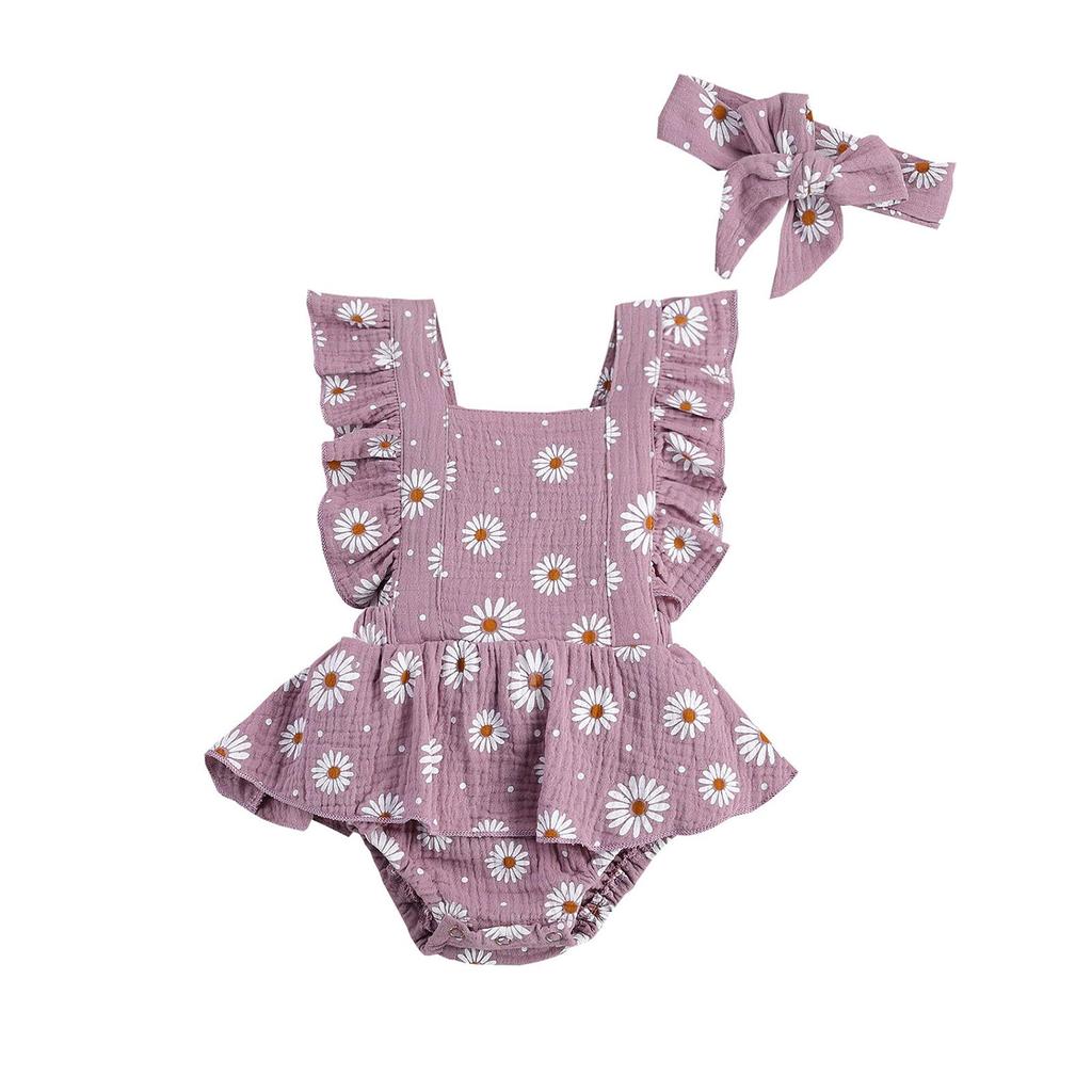 Toddler Girls Romper, Floral Top, No Sleeve Pleated Crotch Buttons Summer Skirt Flouncing Bowknot Headband