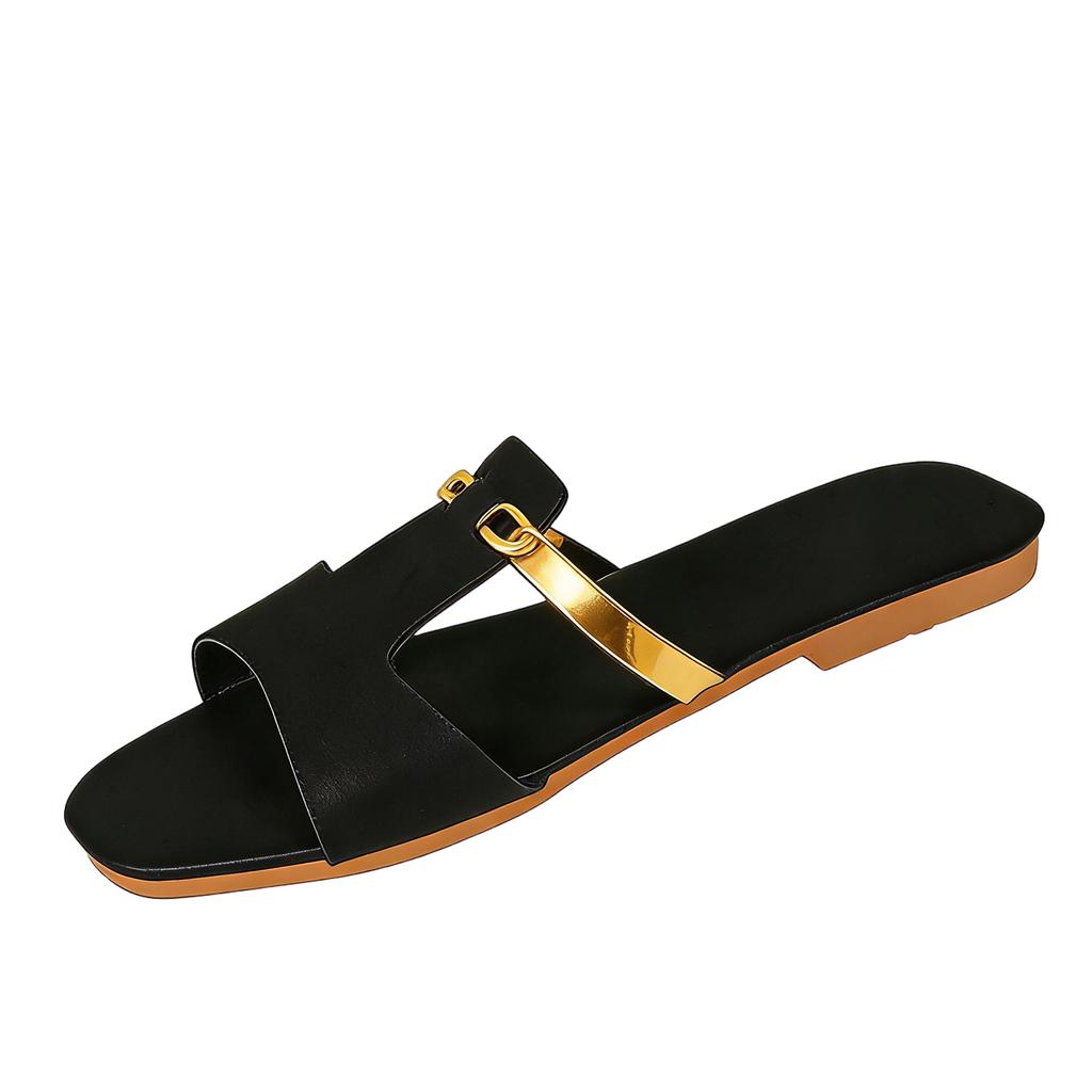 Women's shiny H-shaped buckle light luxury casual slippers
