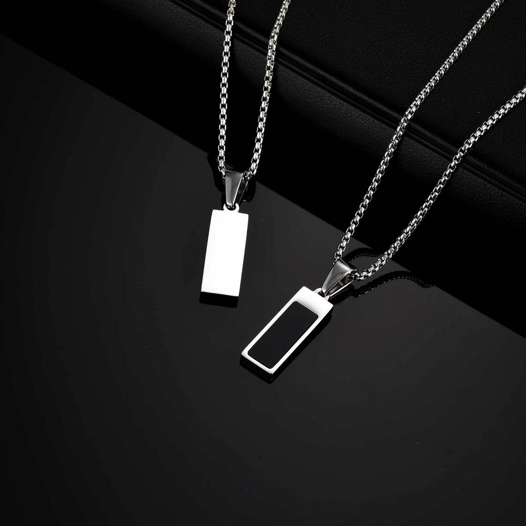 Black Acrylic Rectangular Pendant Necklace for Men,Waterproof Stainless Steel Vertical Necklace,Trendy Casual Jewelry Gift