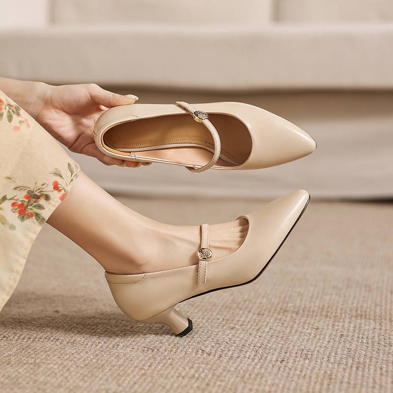 Krazing Pot Genuine Leather Round Toe Thin Heels Summer Shoes Solid Big Size 42 Shallow Decoration buckle Women Shallow Pumps