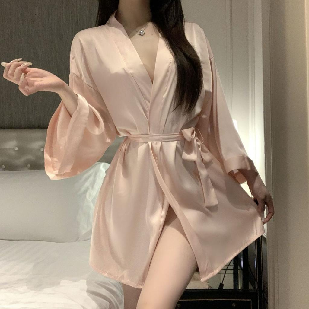 Summer Sexy Pajamas Satin Thin Cardigan Strappy Nightgown Large Size Bathrobe Loungewear Nightgown Women's Suit