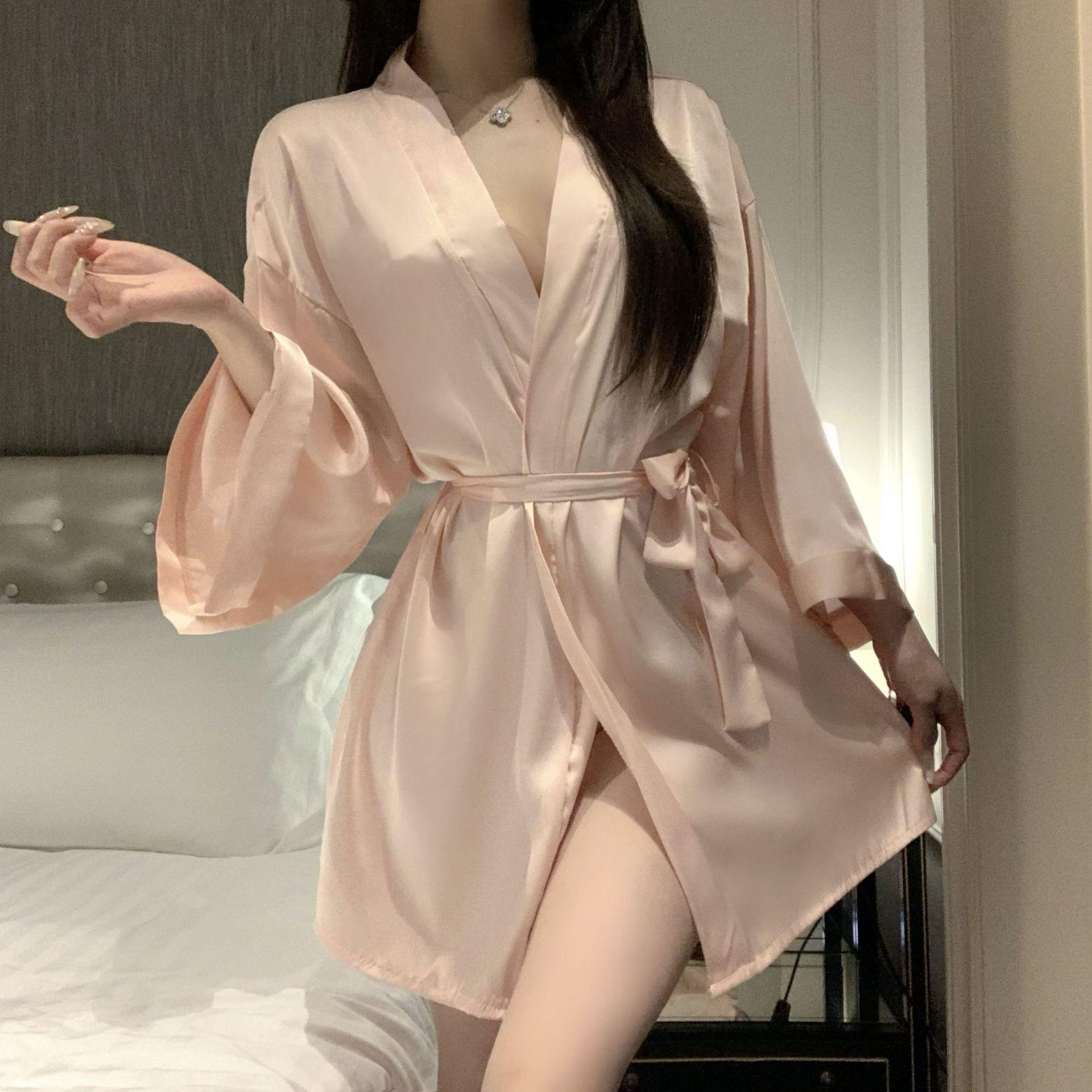 

Summer sexy satin thin cardigan strappy nightgown large size bathrobe loungewear nightgown women s suit One size fits all рожевий
