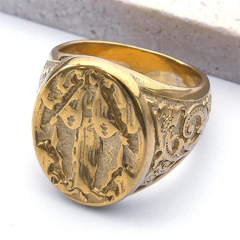 Bague Anneau Médaille Vierge Marie Christianisme Vintage pour Hommes Femmes Acier Inoxydable Couleur Or Anneaux de Doigt de Prière Religieuse Bijoux R500S02