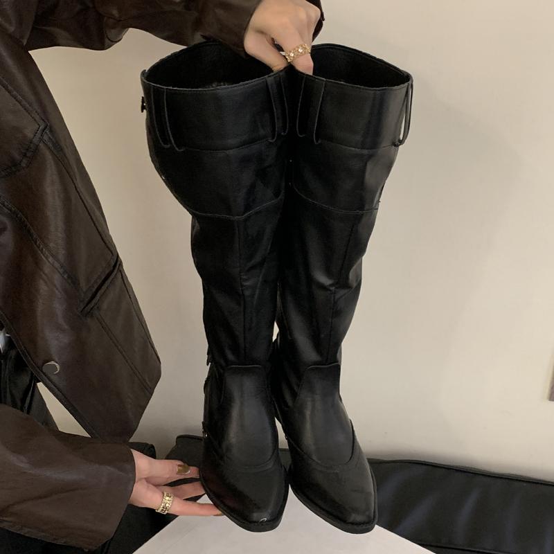 Eilyken Autumn Fashion Designer Buckle Strap Woman Knee High Boots Square Heels Long Modern Booties White Pleated Shoes