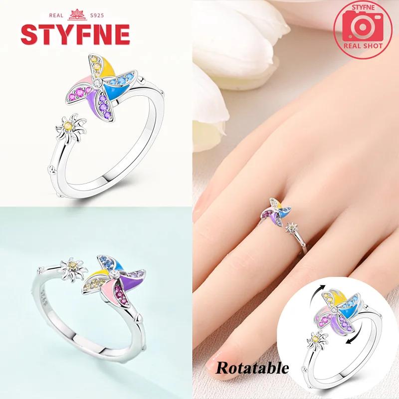 

Silver 925 Ring Pink Zircon Shining Flower Open Ring Original Windmill Rotatable Ring Fine Jewelry for Women Gift Daily Matching