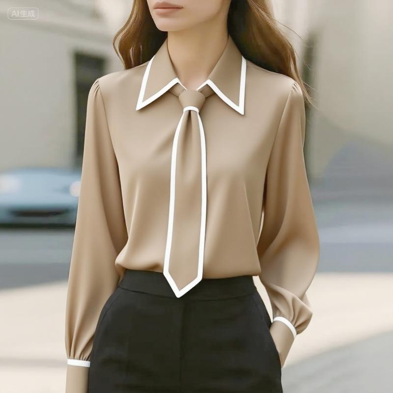 HNXC Women's Fashion Casual Solid Color Print Long Sleeve POLO Neck Blouses & Shirts