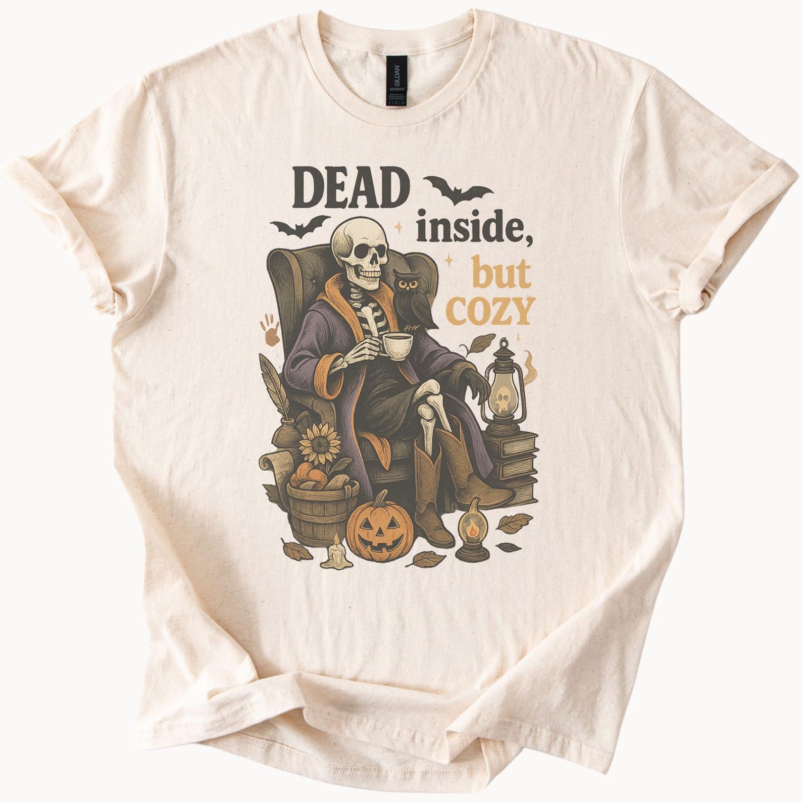 Dead Inside But Cozy Skeleton Halloween Shirt Cozy Fall Pumpkin Graphic Tee Spooky Skeleton Relaxing Coffee Owl Autumn Shirt 110
