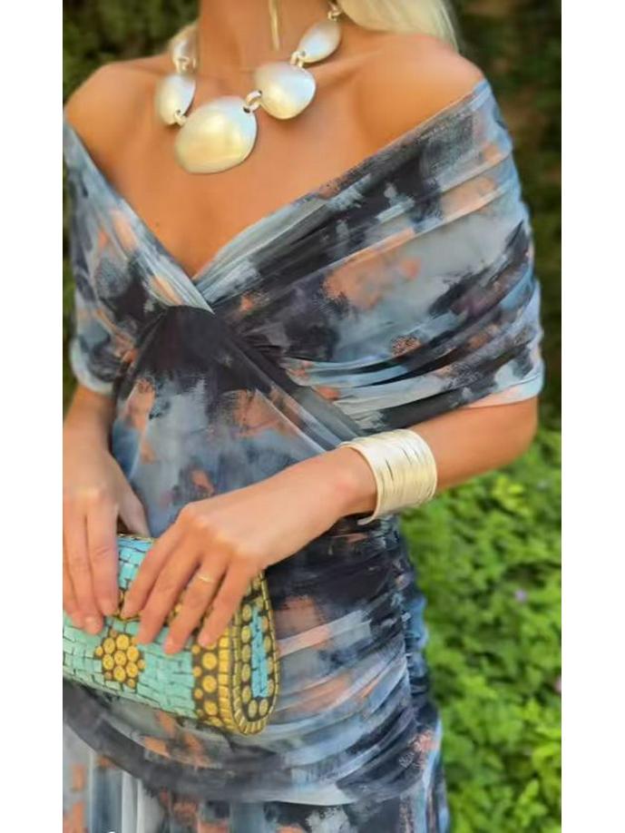 2025 European Style Women's Chiffon Off-the-Shoulder Bandage Dress - Floral Print